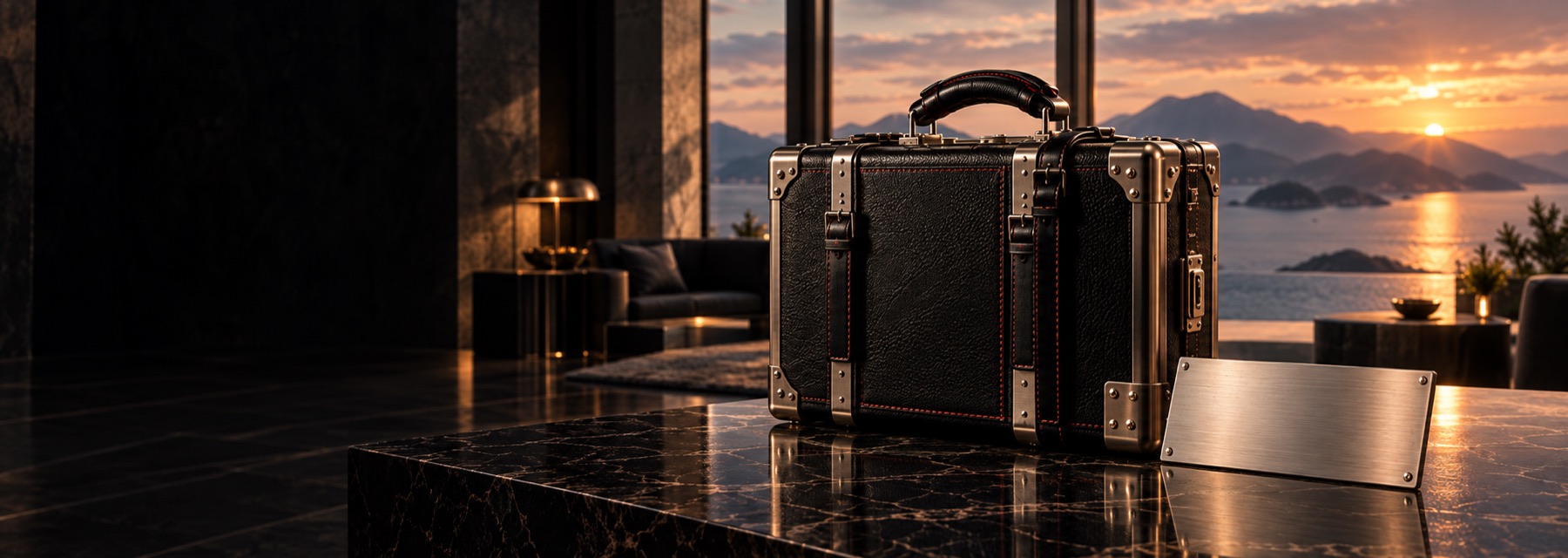 A crafted black travel case with red stitching and a metal frame in a lounge overlooking the evening horizon.